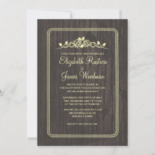 Black & Gold Vintage Barn Wood Wedding Invitations