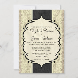 Black Gold Vintage Burlap Lace Wedding Invitations