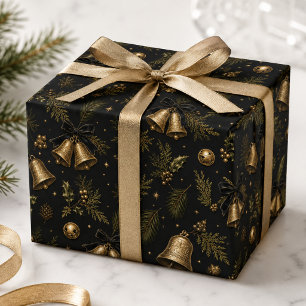 Black Gold Vintage Christmas Bells & Holly Wrapping Paper