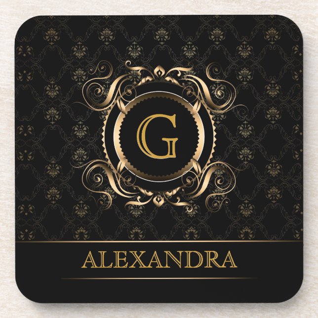 Black & Gold Vintage Frame Design 4-Monogram Coaster (Front)