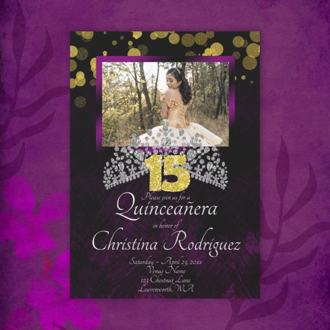Black, Gold, Violet Quinceanera Tiara Invitation (violet black and gold quinceanera invitation with photo and diamond tiara)