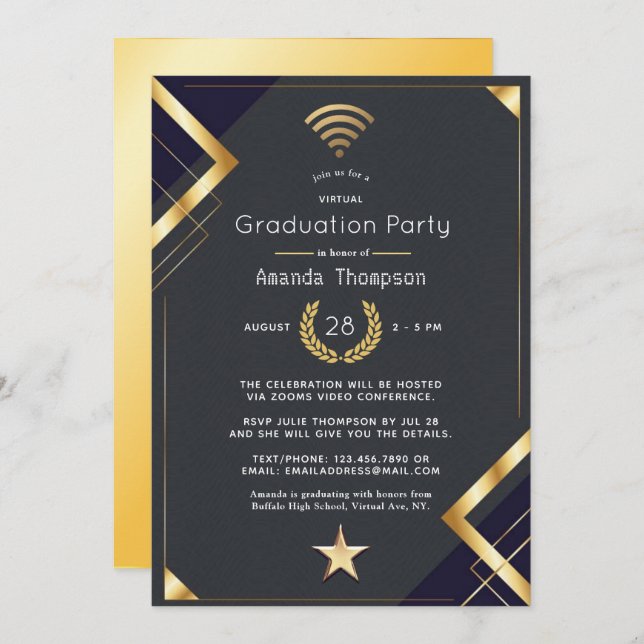 Black & Gold Virtual Graduation Party Certificate Invitation (Front/Back)