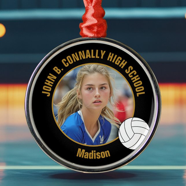 Black Gold Volleyball Player Photo Christmas Metal Ornament (Creator Uploaded)