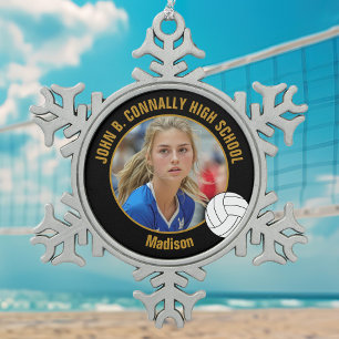 Black Gold Volleyball Player Photo High School Snowflake Pewter Christmas Ornament