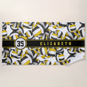 Black gold volleyballs pattern her jersey number  beach towel