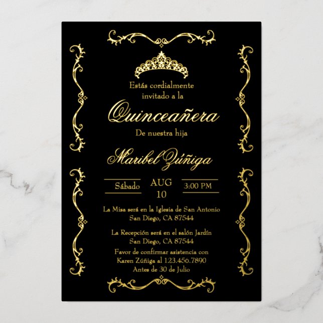 Black Gold w/wreath Quinceanera invitation Foil In (Front)