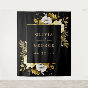 Black Gold Watercolor Floral Photo Booth Backdrop Tapestry