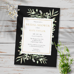 Black Gold Watercolor Greenery Bridal Shower Invitation