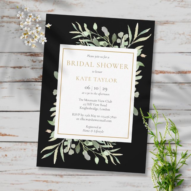 Black Gold Watercolor Greenery Bridal Shower Invitation (Creator Uploaded)
