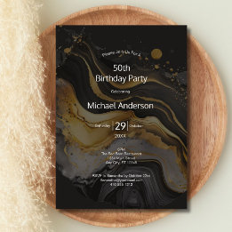 Black Gold Watercolor Wash 50th Birthday For Him Invitation