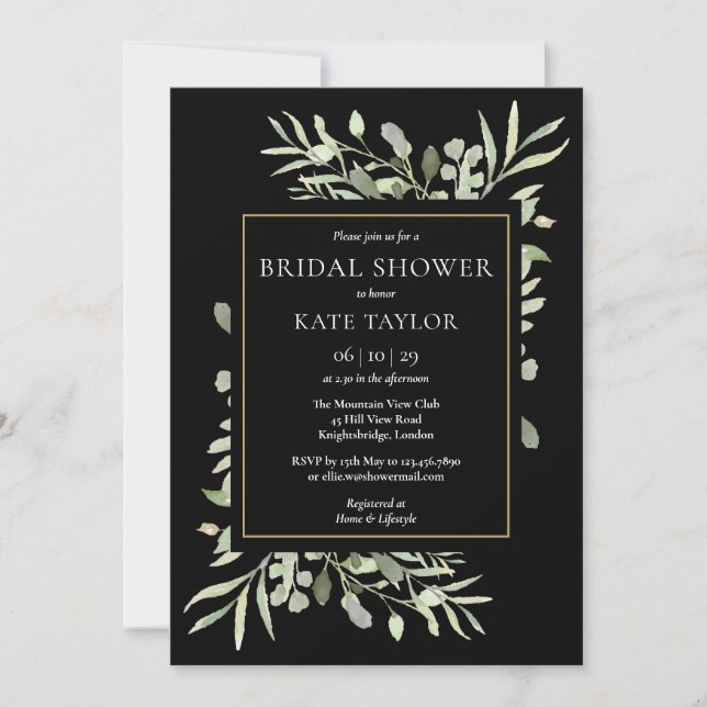 Black Gold Watercolour Greenery Bridal Shower Invitation (Front)