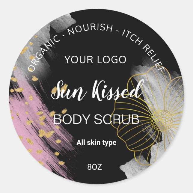 Black gold waterter colour flower circle label (Front)