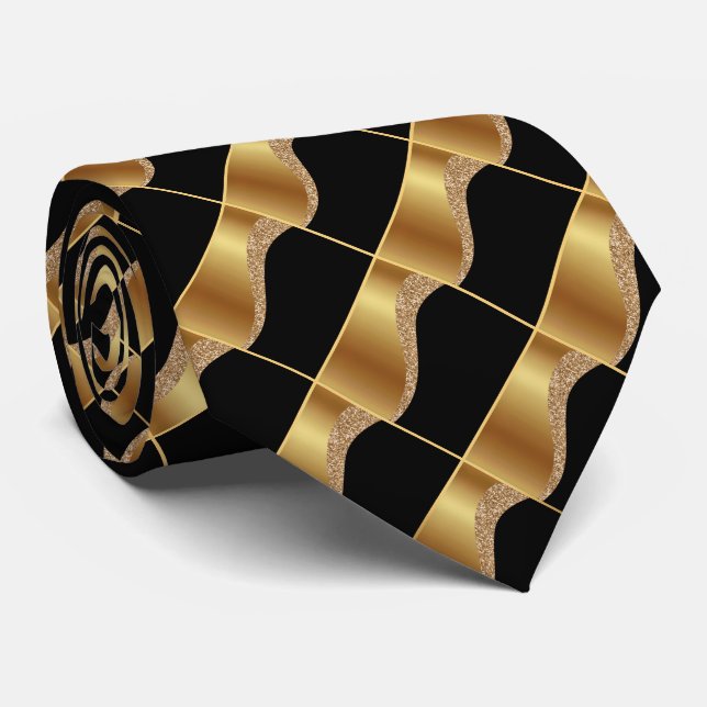 BLACK GOLD WAVE GEOMETRIC ABSTRACT TIE (Rolled)