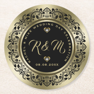 Black & Gold Wedding Anniversary Round Paper Coaster