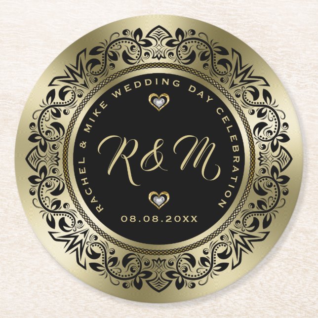 Black & Gold Wedding Anniversary Round Paper Coaster (Front)
