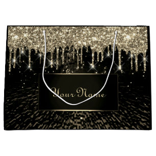 Black Gold Wedding Bridal Name VIP Glitter Drips Large Gift Bag