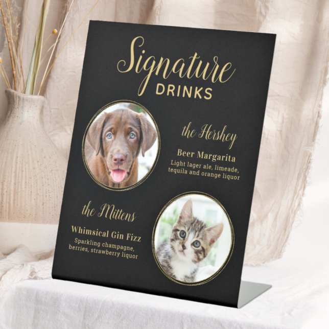 Black Gold Wedding Custom Pet Dog Signature Drinks Pedestal Sign (Creator Uploaded)