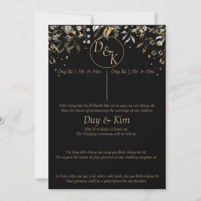 Black/Gold wedding Invitation English/Vietnamese (Front)