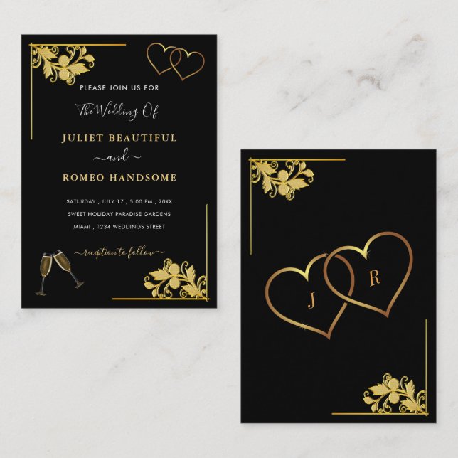 Black Gold Wedding Invitation Example with Hearts (Front/Back)