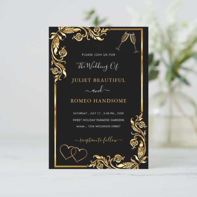 Black Gold Wedding Invitation Example with QR Code (Standing Front)