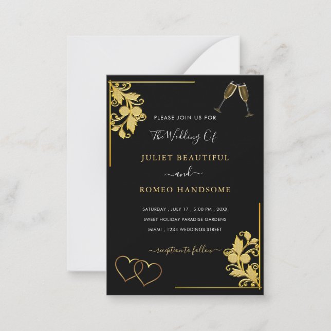 Black Gold Wedding Invitation Hearts and Champagne (Front)