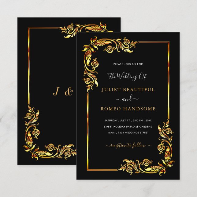 Black Gold Wedding Invitation with Ornament Frame (Front/Back)