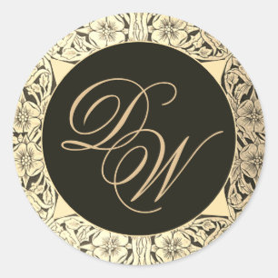 Black Gold Wedding Monogram Vintage Elegant Floral Classic Round Sticker