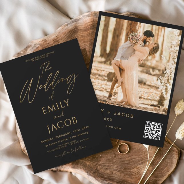 Black Gold Wedding QR Code Photo Script Invitation (Creator Uploaded)
