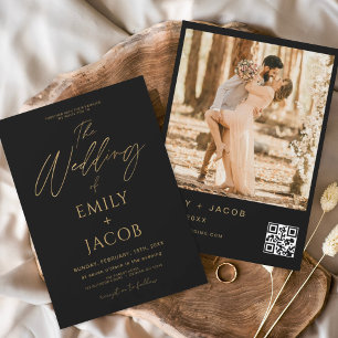 Black Gold Wedding QR Code Photo Script Invitation