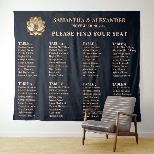 Black Gold Wedding Seating Chart Elegant 80 pax Tapestry (In Situ (Horizontal))