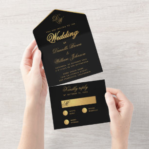 Black Gold Wedding Simple Elegant Script Monogram  All In One Invitation