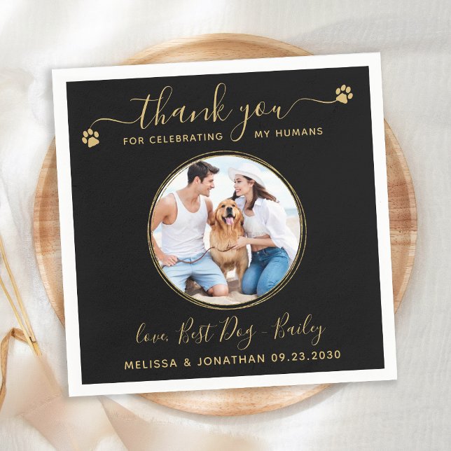 Black Gold Wedding Thank You Custom Pet Dog Photo  Napkin (Creator Uploaded)