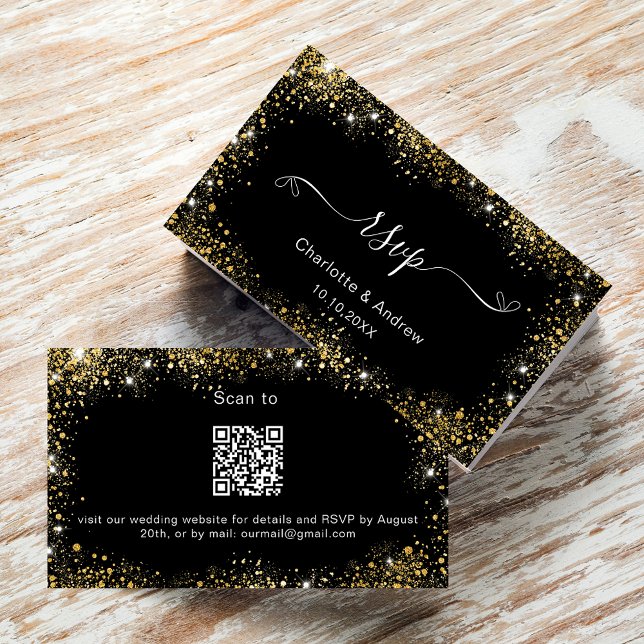 Black gold wedding website RSVP QR code Enclosure Card (Creator Uploaded)