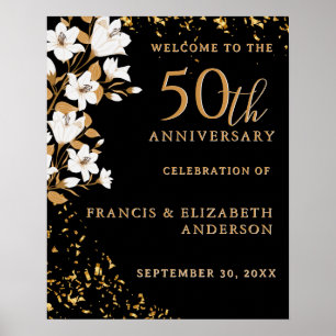 Black Gold Welcome Floral 50th Wedding Anniversary Poster