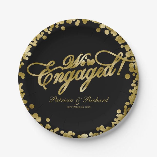 Black Gold We're Engaged Engagement Party Paper Plate (Front)