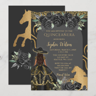 Black Gold Western Horse Floral Charra Quinceañera Invitation