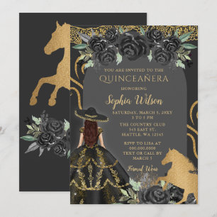 Black Gold Western Horse Floral Charra Quinceañera Invitation