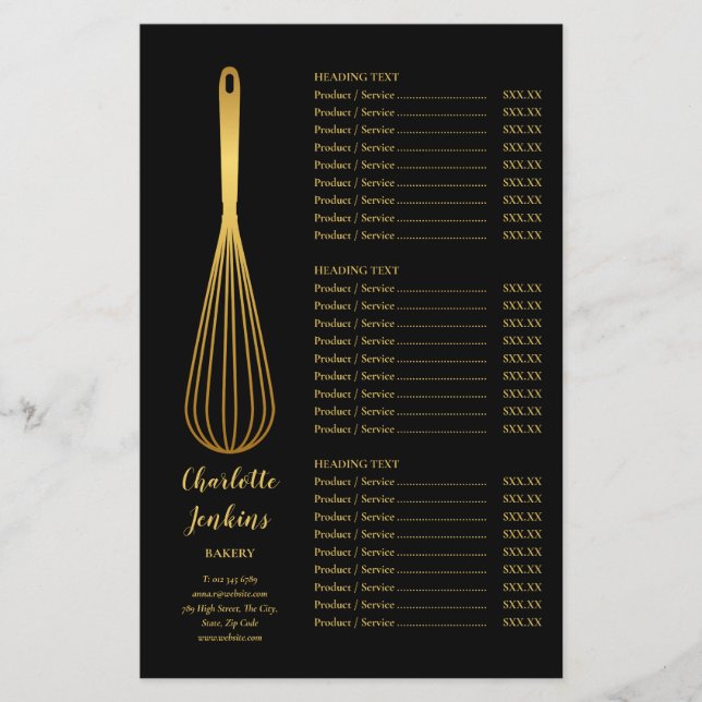 Black Gold Whisk Bakery Patisserie Service Menu (Front)