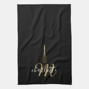 Black Gold Whisk Script Monogram  Tea Towel