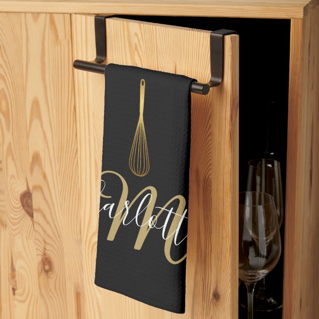 Black Gold Whisk Script Monogram  Tea Towel (Thirds Fold)
