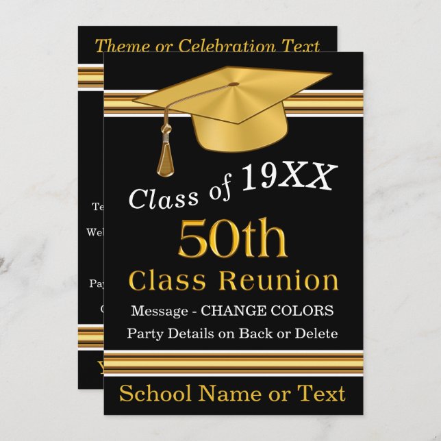 Black, Gold, White 50th Class Reunion Invitations (Front/Back)