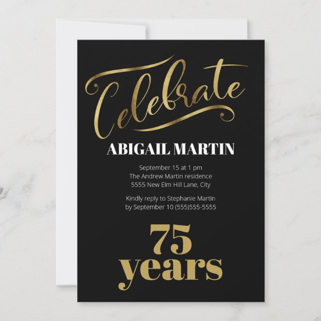 Black Gold White 75th Birthday Party Invitation (Front)