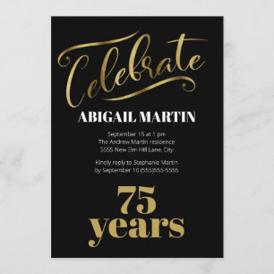Black Gold White 75th Birthday Party Invitation