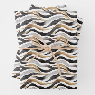 Black / Gold / White Abstract Lines Wrapping Paper Sheet