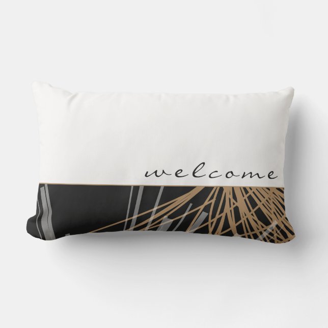 Black Gold & White Abstract Ribbons | Welcome Lumbar Cushion (Front)