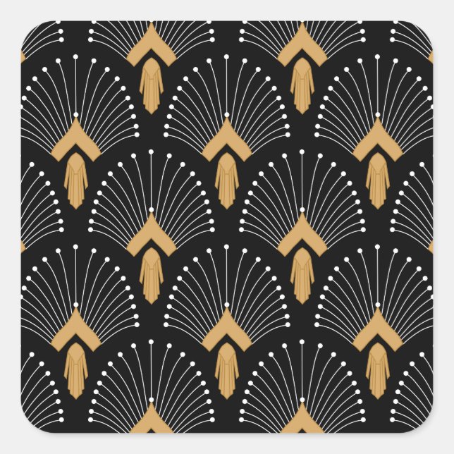 Black, Gold, White Art Deco Fan Flowers   Square Sticker (Front)