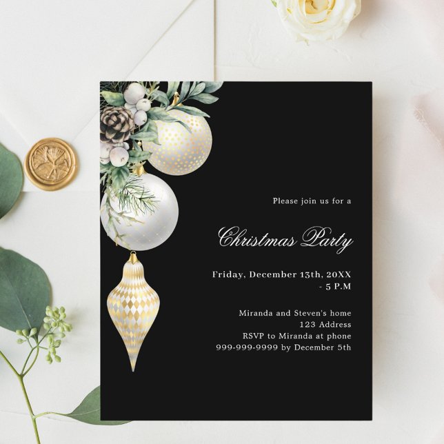 Black gold white bauble Christmas Party invitation (Creator Uploaded)