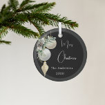 Black gold white baubles Christmas Glass Tree Decoration<br><div class="desc">An elegant,  modern black background. Decorated with white and gold baubles and some greenery and a pine cone.  Personalise and add your name,  year.  Text: Merry Christmas</div>