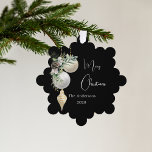 Black gold white baubles Christmas Tree Decoration Card<br><div class="desc">An elegant,  modern black background. Decorated with white and gold baubles and some greenery and a pine cone.  Personalise and add your name,  year.  Text: Merry Christmas</div>