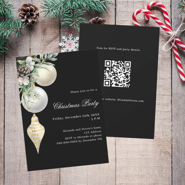 Black gold white baubles QR code Christmas Party Invitation (Creator Uploaded)